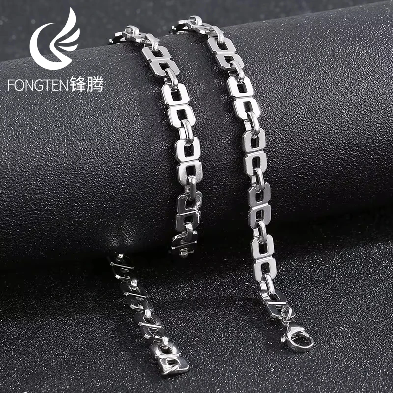 Fongten Stainless Steel Necklace Bracelet For Women Men Square Chain Handmade Gold Silver Color Unisex Jewelry Sets