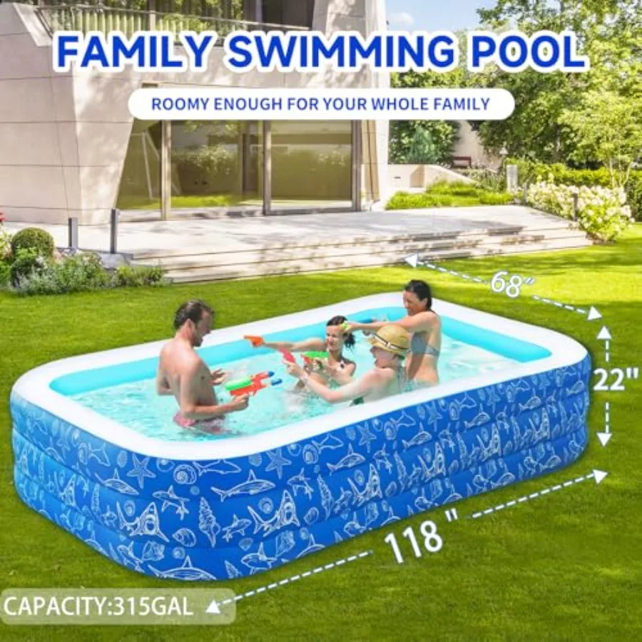 Inflatable Swimming Pool for Backyard Lawn, Summer Party Outdoor and Indoor - PVC, Blue - Thickened Durable Above Ground Family