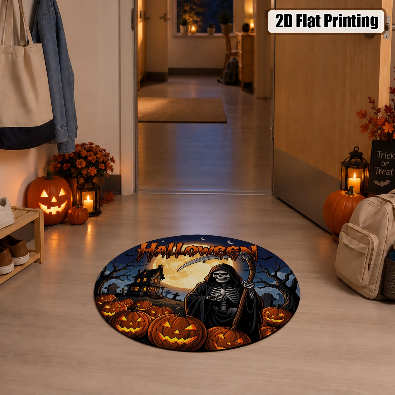 Halloween Grim Reaper Jack-o-Lantern Haunted House Pattern Round Velvet Doormat, Machine Washable Decorative Floor Mat for Entryway, Living Room, Porch, Ideal for Halloween, Thanksgiving, Black Friday, Christmas, New Year Festive Decor