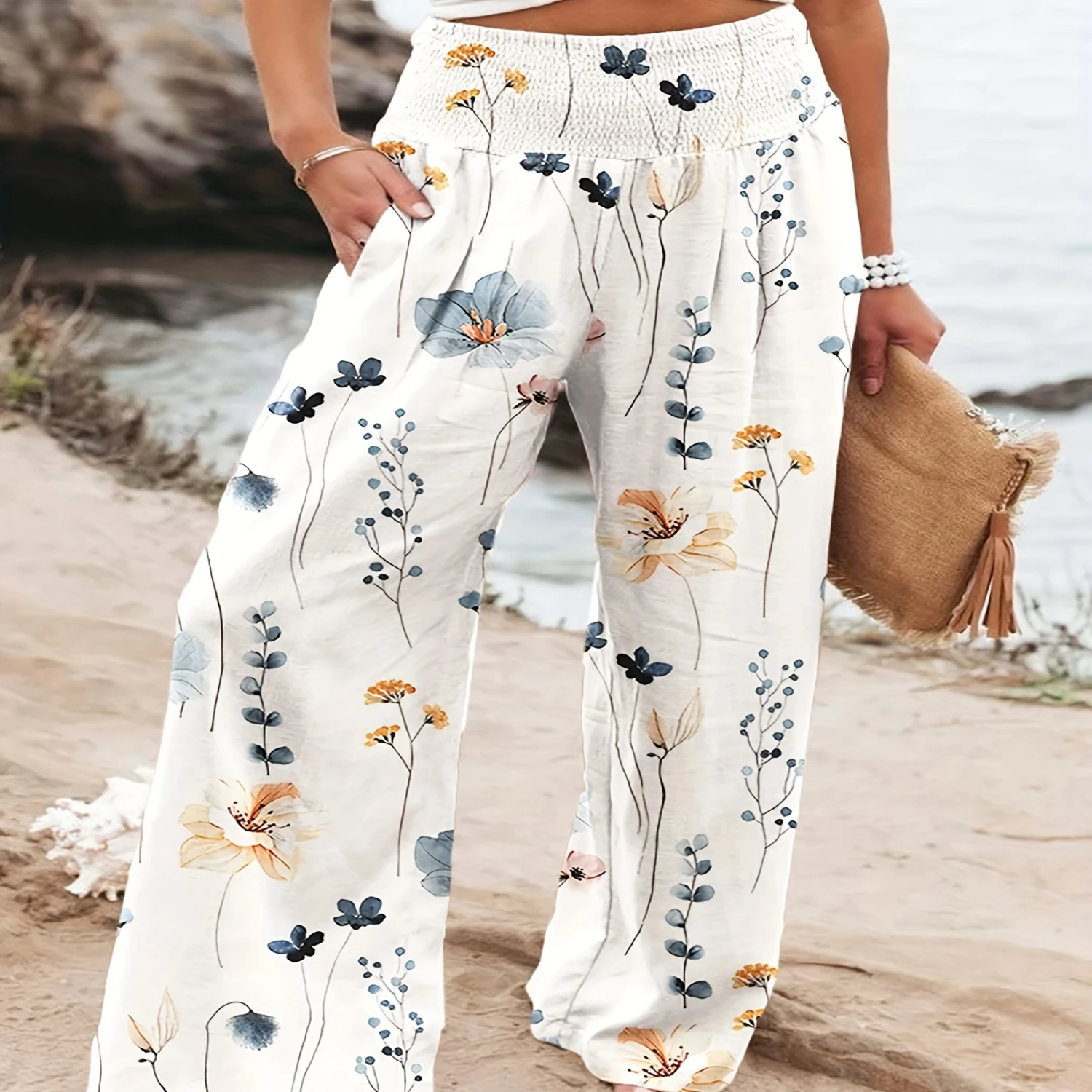 Floral Print Wide Leg Pants - Comfortable Shirred Waist - Elegant Flowy Style for Spring/Fall - Versatile Women's Fashion