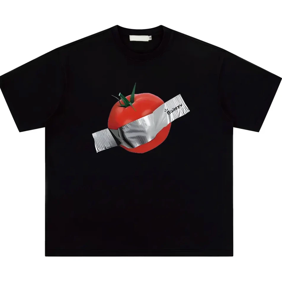 

American Spoof Tomato Print Men's and Women's Trendy Brand Short-sleeved T-shirt Autumn Casual Loose Street Wear Comfortable Top