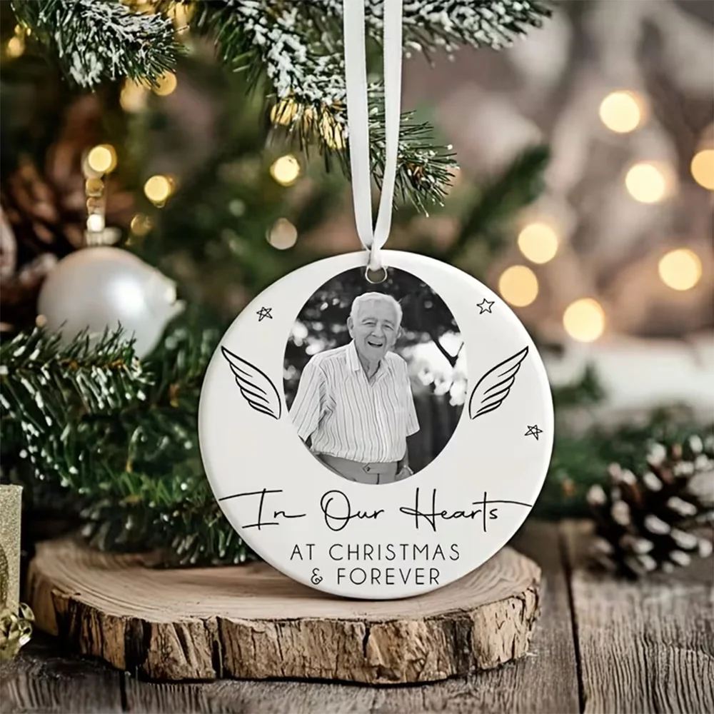 Personalisiertes 2026 Foto-Gedenk-Rundornament aus Keramik, Erinnerungsstück, Sympathiegeschenk für Verstorbene Familienmitglieder, Weihnachtsbaum-Dekoration