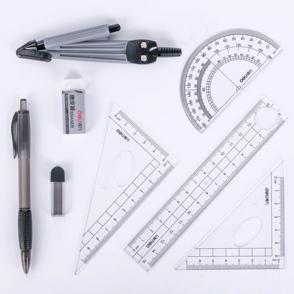 8 Pcs Math Tool Set Geometry Mathematical Drawing Tool Set Multi-functional Compass Ruler Triangle Protractor Eraser