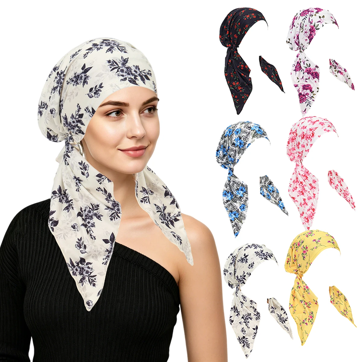 

2026 New Women Floral Printed Turban Cap Muslim Hijab Inner Caps Hair Loss Cover Beanies Bonnet Long Tail Headscarf Bandana