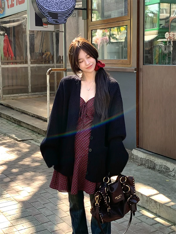 

Вязаный свитер Bla, пальто, повседневное свободное осеннее корейское пальто, винтажный женский кардиган с v-образным вырезом, длинный свеч, стандартный крой