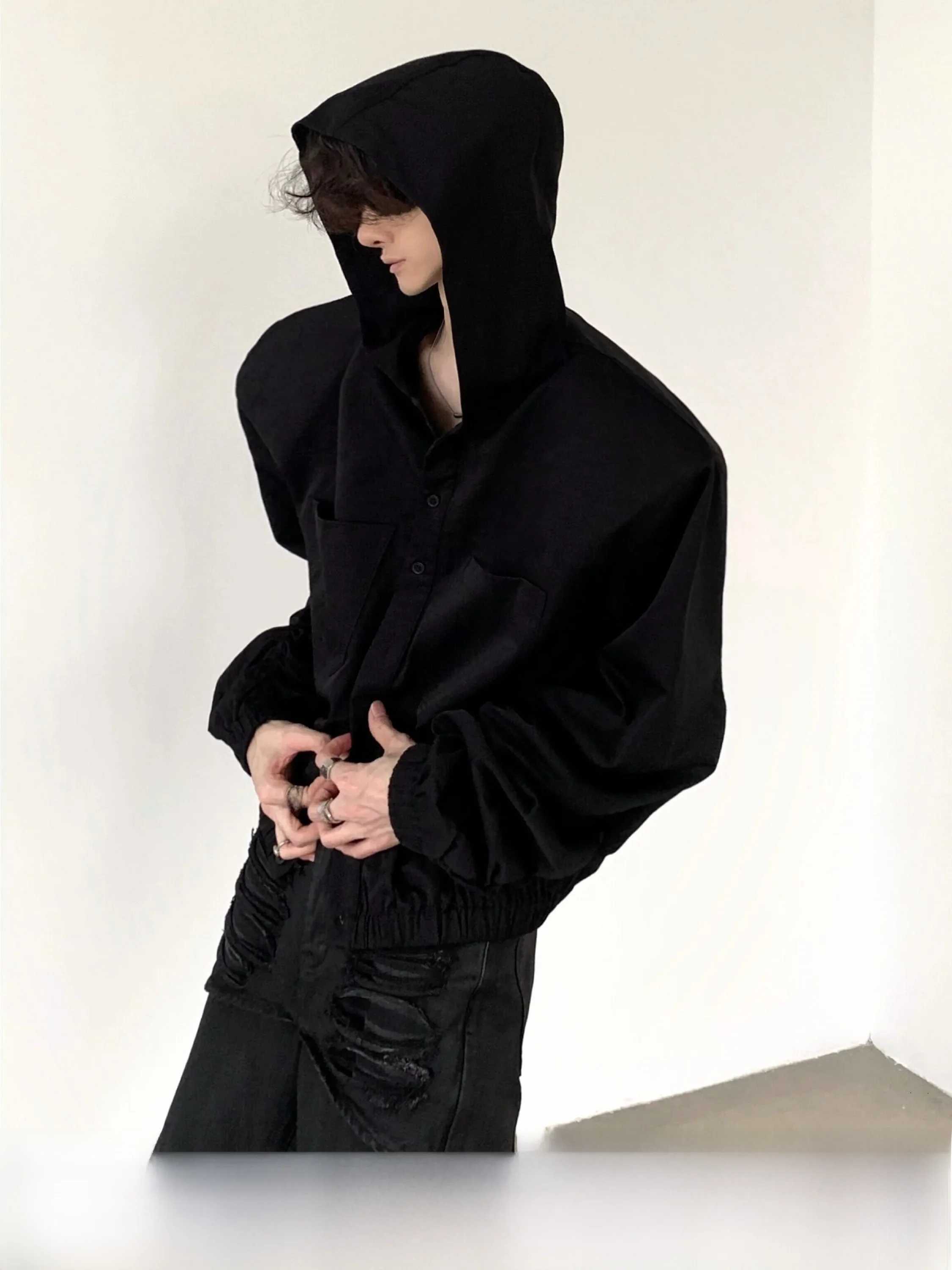 Black Pad Shoulder Drawstring Design Loose Men's Shirt Short Trendy Hooded Casual Breathable Long Sleeve American Style