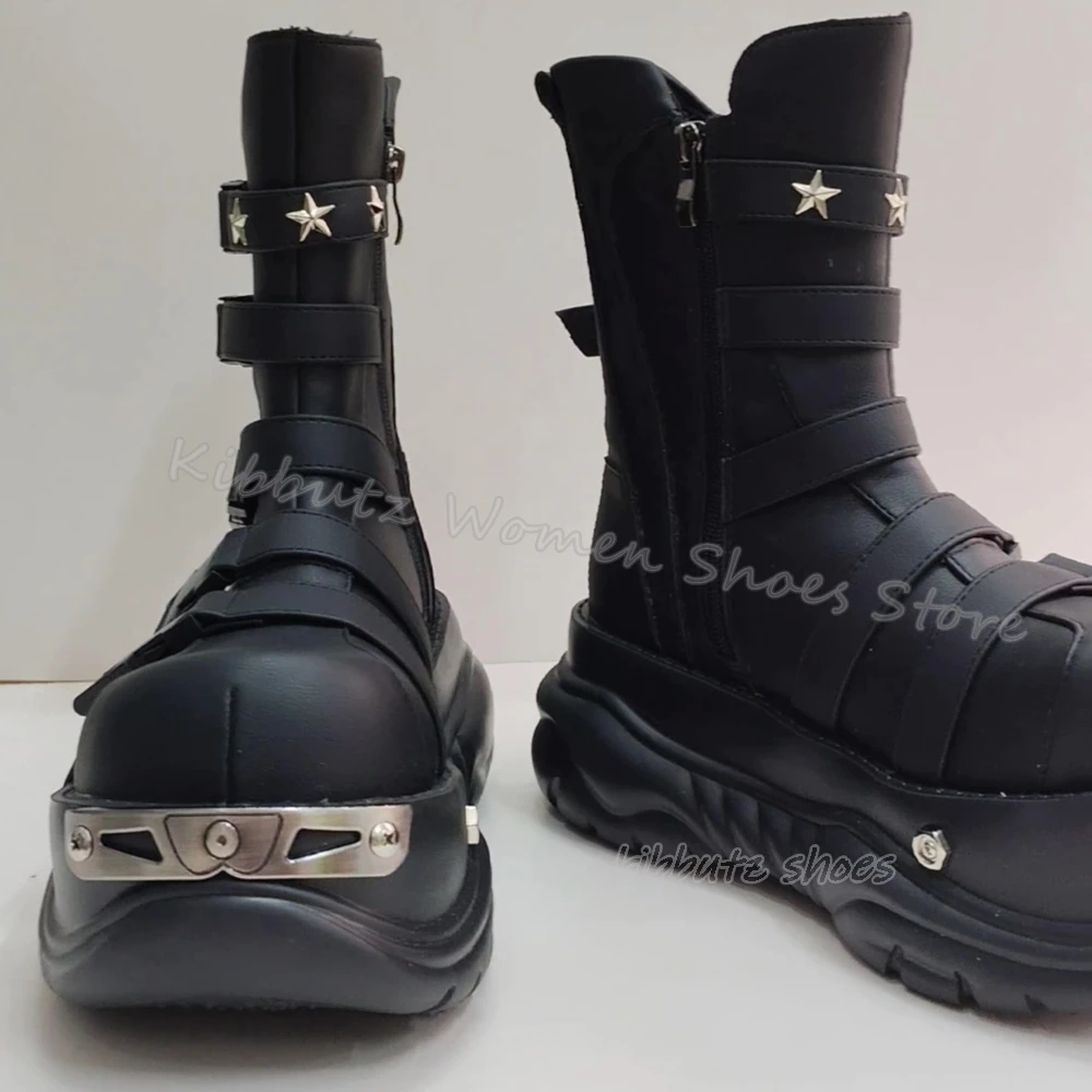 

Gothic Rock Punk Mid Calf Boot Belt Buckles Genuine Leather Solid Color Fashion Novelty Concise Sexy Slip-On Round Toe Shoes New