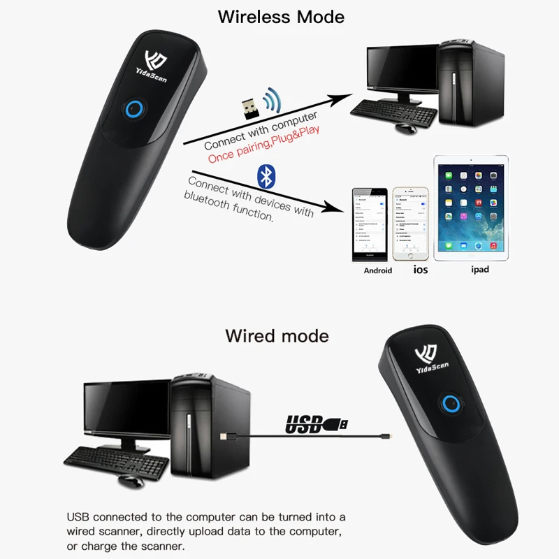 YidaScan WS22 Barcode Scanner Mini Portable 1D 2D Wireless Bar Code Reader USB Bluetooth QR Code Reader for IOS Android iPhone