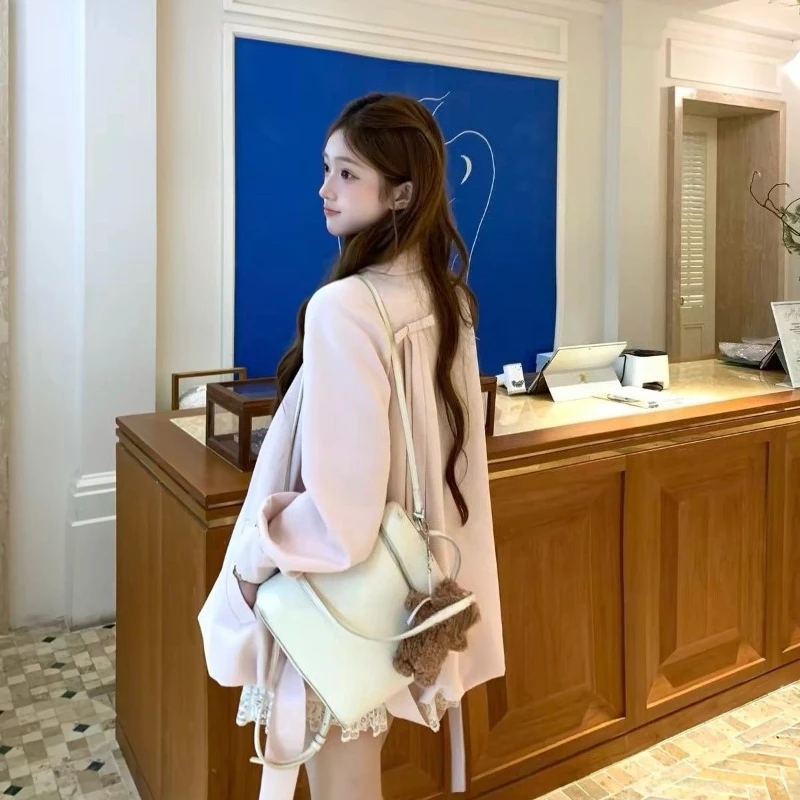 Japanese Sweet Lolita Trench Coat Women Pink Lantern Sleeve Turn Down Collar Slim Jackets Kawaii Mid Long Length Loose Outerwear - view 5