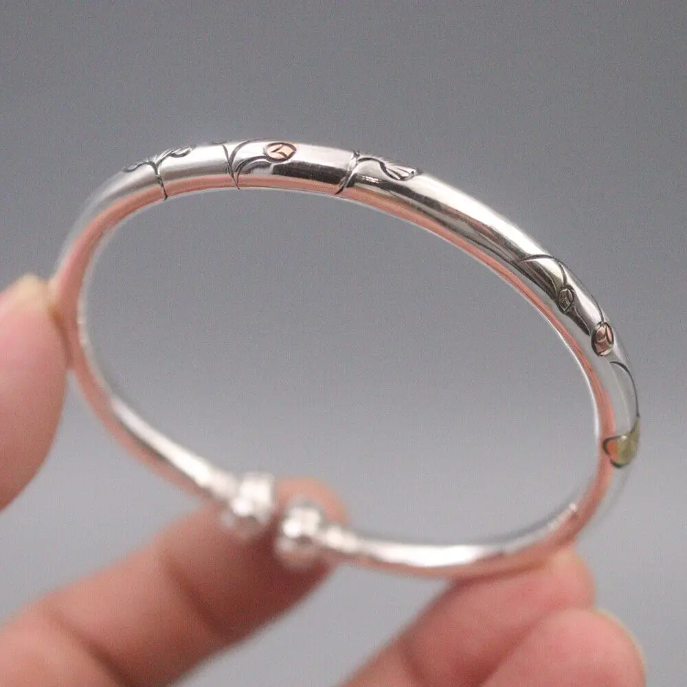 

Unique Solid 999 Fine Silver 5mm Leaf Pattern Round Cuff Open Bangle 2.36" Dia.