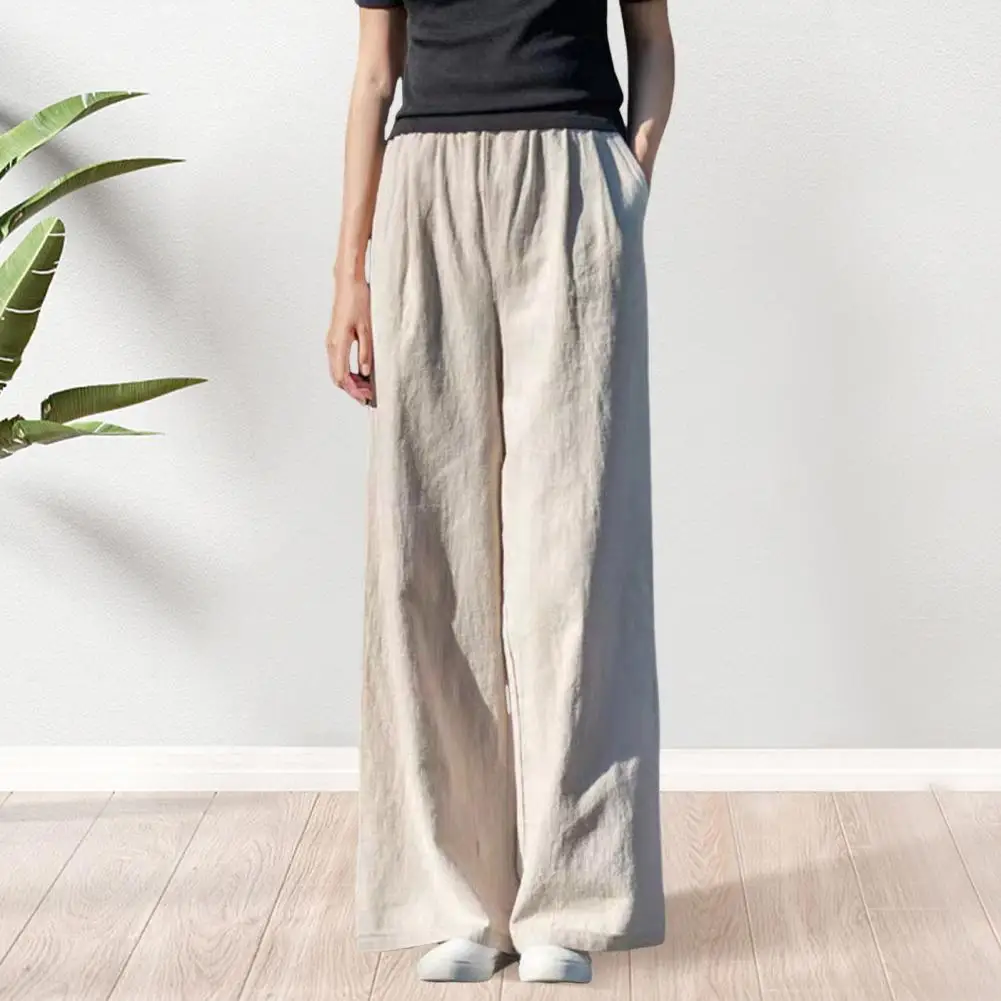 Long Trousers Stylish Women's High Waist Wide Leg Pants with Pockets Solid Color Straight Slacks for Spring Autumn Retro Casual