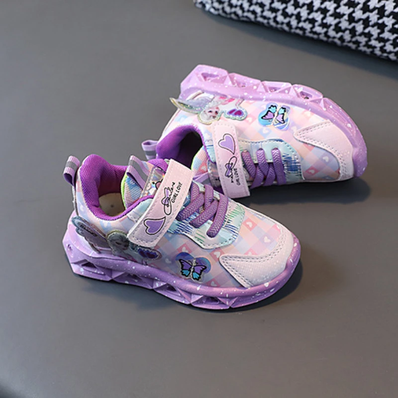 Scarpe Casual da ragazza Disney scarpe leggere a Led in pelle sport per bambini alla moda Frozen Princess Elsa Pink Purple Shoes Sneakers