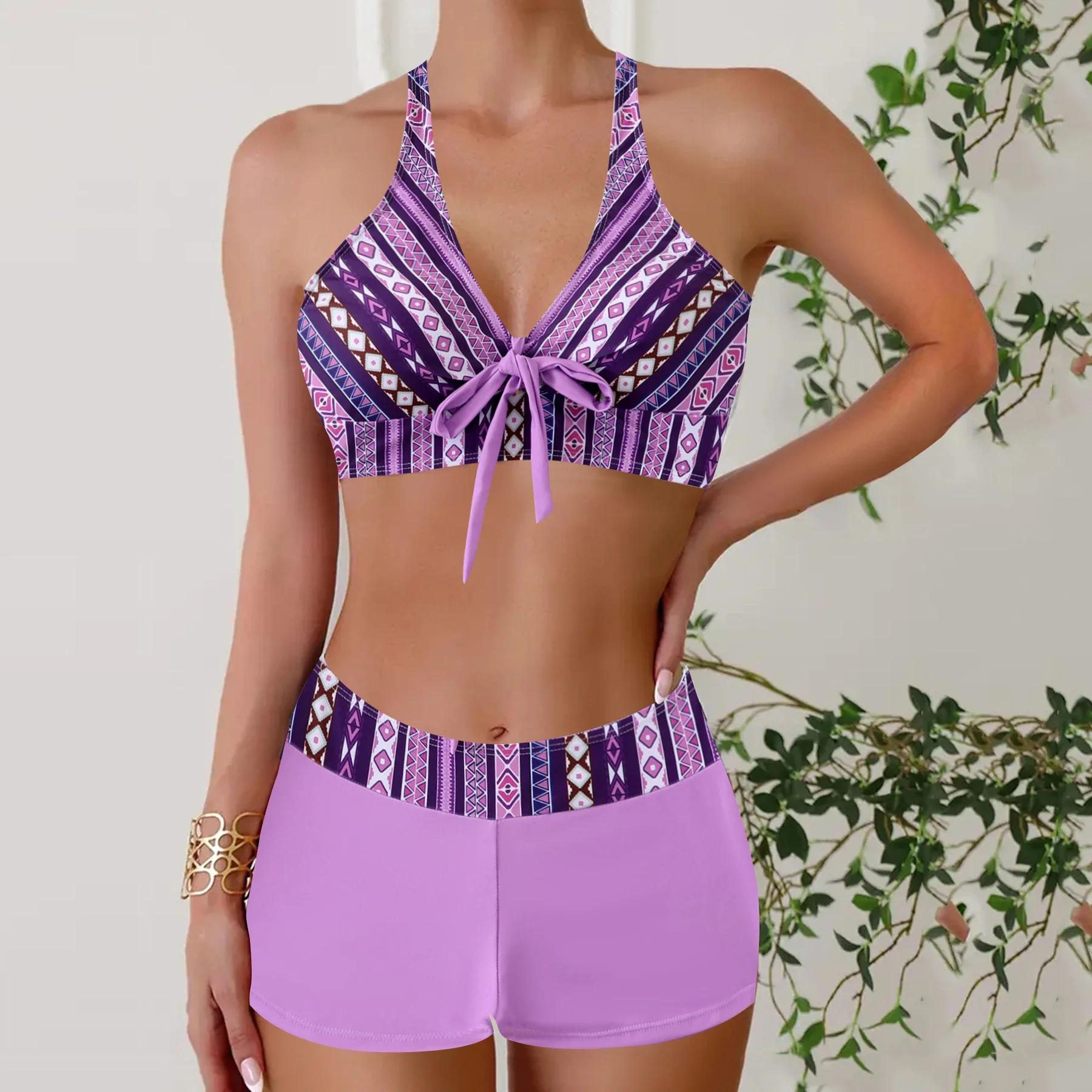 Modisches zweiteiliges Set mit tropischem Druck, Tankini, sexy Sommer-Bikini-Badeanzüge, Damen-Bademode und Strandbekleidung