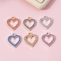 10Pcs/Lot Silver Plated Pink Crystal Heart Charm Pendant for Jewelry Making Earrings Bracelet Necklace Accessories DIY Findings
