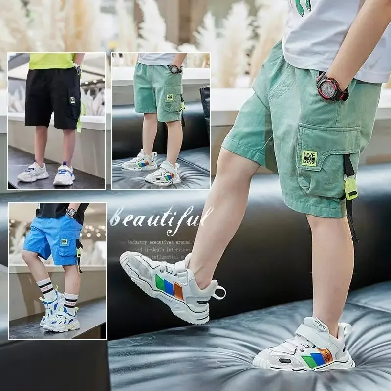 Boys Shorts Summer Loose Pants Teenage Trouser Pocket Shorts Kids Casual Cargo Short Pants Children\'s Elastic Waist Cotton Pants