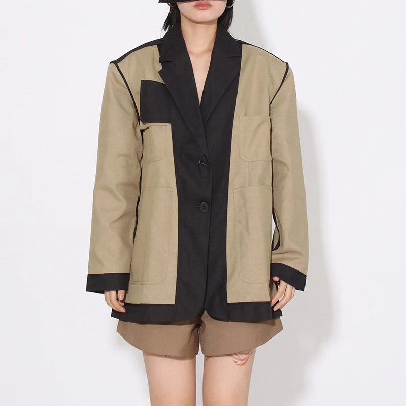 FANAN Mode Gesplitste Contrast Kleur Blazers Voor Vrouwen Grote Zakken Ontwerp Losse Jassen Kantoor Dame Jassen Vrouwelijke 2025, Herfst Nieuwe