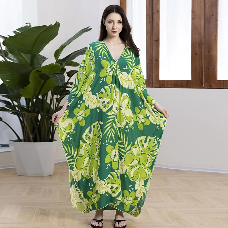 Blossom Print Kaftan V-Neck Boho Vibes Vivid Color Garden Women Maxi Dress Relaxed Holiday Outfit Caftan Rayon Floral Loungewear