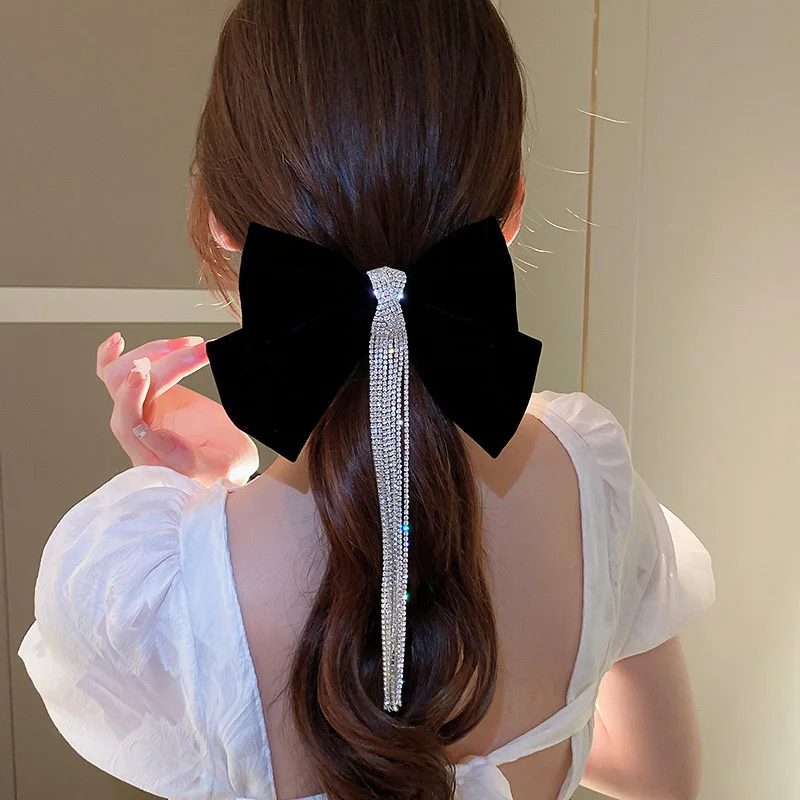 New Korean Velvet Elegant Women Bow Hair Pins Fabric Rhinestone Tassel Hair Clips for Girl Spring Clip Hair Accessories