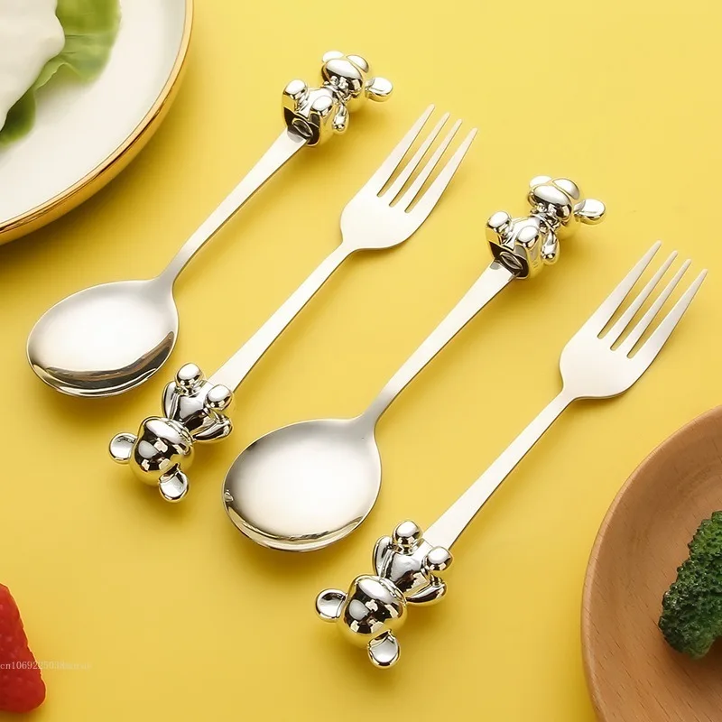 Creative Cute Bear Coffee Dessert Spoon Fork Stainless Steel Coffee Stirring Tea Dessert Scoop Cute Cartoon Bear Dinner Spoon