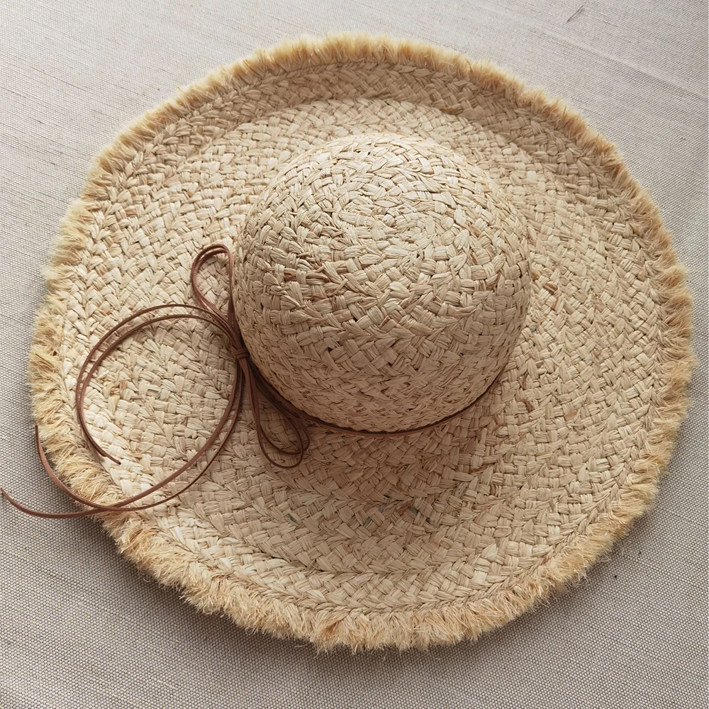 100% Raffia Straw Hand Weaved Rough Brim Floppy Straw Hat With String Trim Women Summer Straw Hat