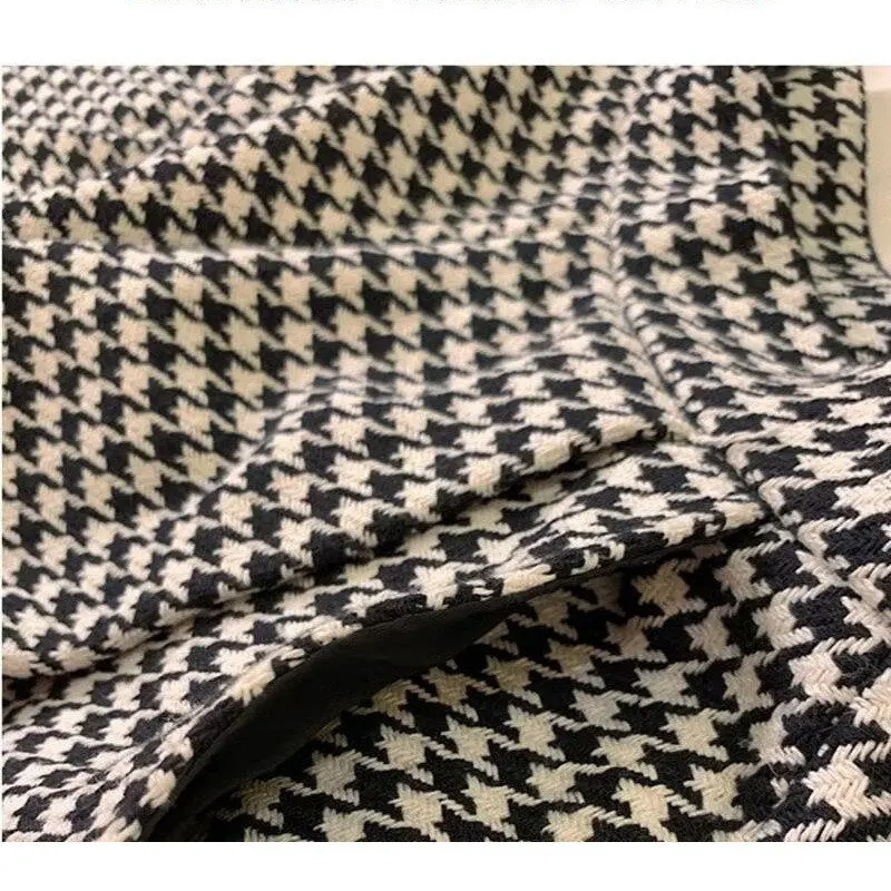 ฤดูหนาวผู้หญิง Vintage Classic Houndstooth ผ้าขนสัตว์ขากว้างตรงกางเกง Elegant Office Lady High เอวหลวม Celana Setelan