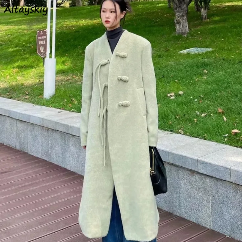 Blends Women Chinese Fashion Overcoats Solid Minimalist Casual All-match Streetwear Design Horn Buckle Attractive Gentle Elegant