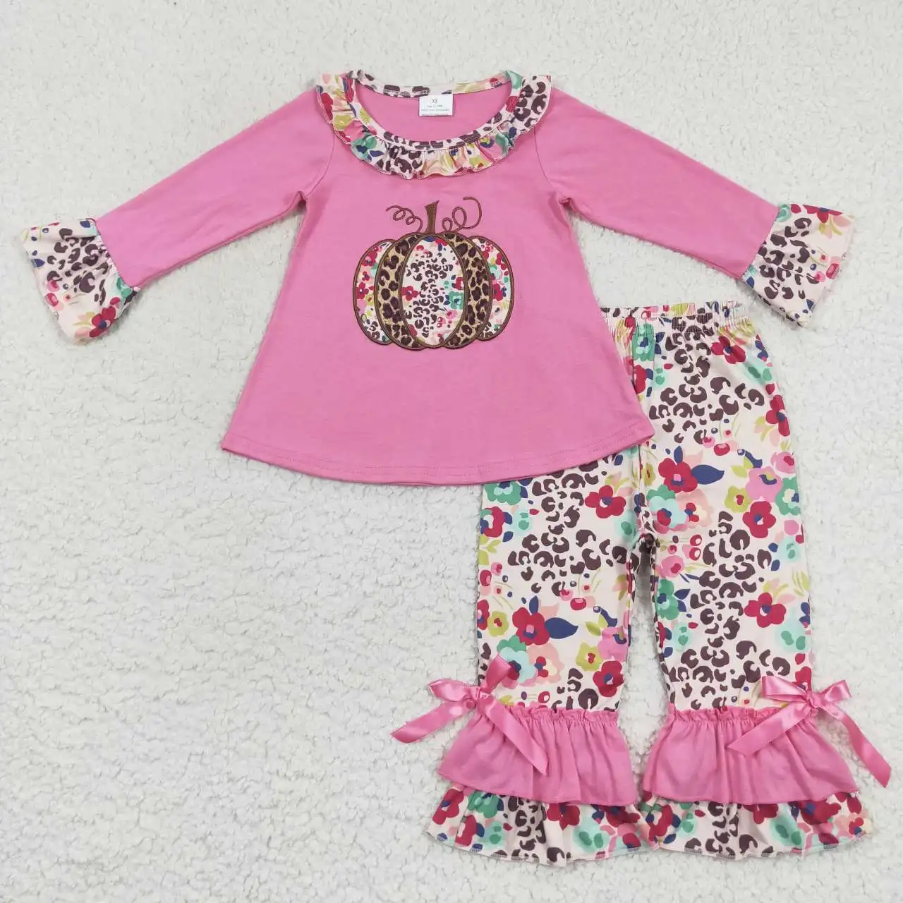 

New Update RTS Children Applique Ruffle Leopard Clothing Baby Girl Pumpkin Sets K​ids Toddler Autumn Outfit