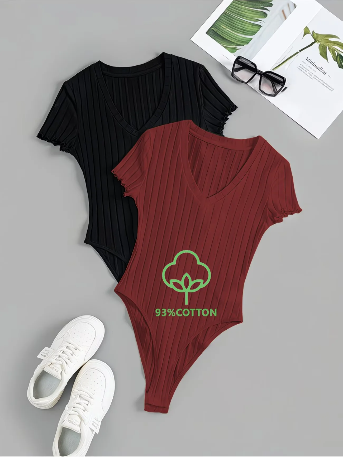 Elegant Comfortable V-Neck Ribbed Bodysuits for Women  Two Pack Soft Stretchy Top Bottom Matching Sets