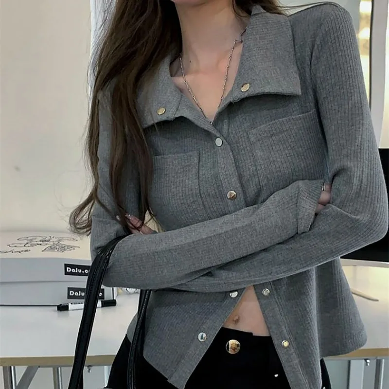 Qweek Grey Vrouwen Shirts Koreaanse Stijl Slanke Elegante Blouses Y 2K Esthetische Lange Mouw Sexy Top Dames Harajuku Lente Mode Chic