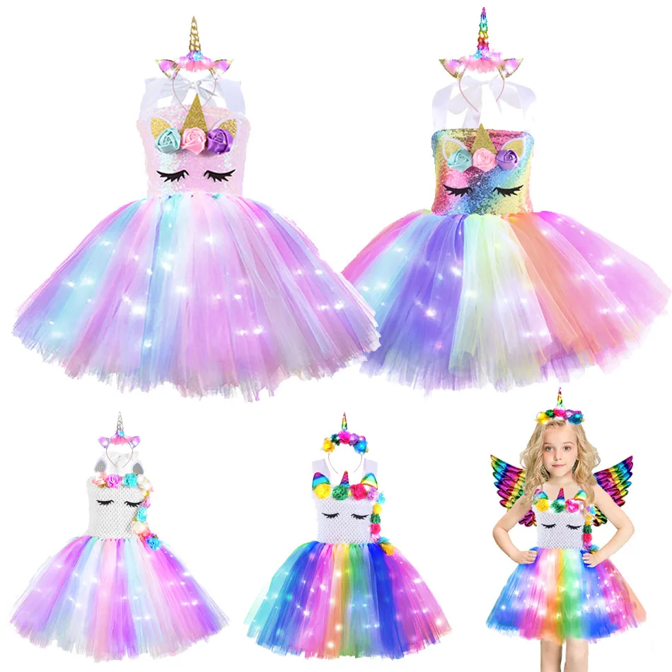 Girls Birthday Party Liight Up Unicorn Tutu Dresses Princess  Dress Outfit Halloween Christmas Unicorn Costume for Kids Clothes