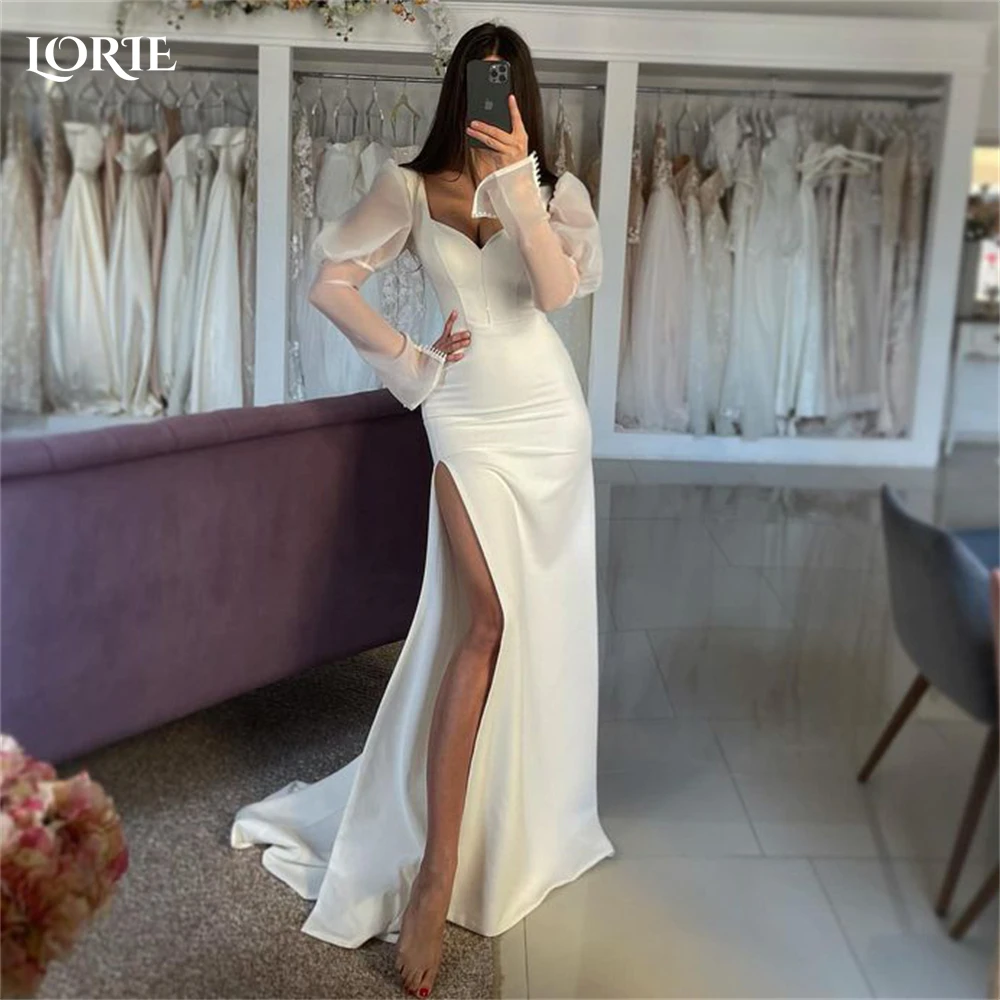 LORIE Sexy Mermaid Wedding Dresses V-Neck High Side Slit Elastic Satin Cap Sleeves Bridal Gowns Beach Buttons Bride Dress 2023