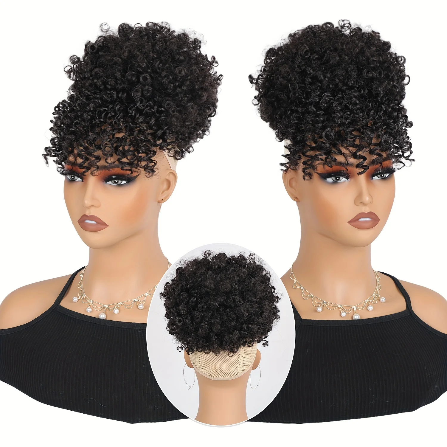 아프로 합성 퍼프 드로스트링 포니테일 붙임머리 앞머리 포함 파인애플 업두 여성용 짧은 곱슬곱슬 포니테일 헤어 번