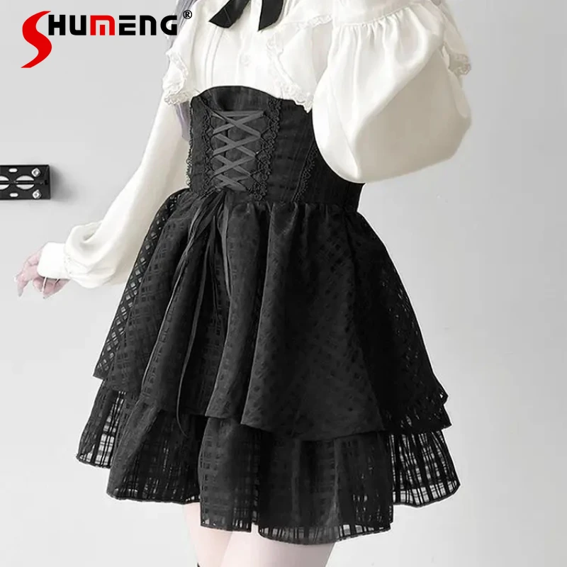 

Japanese Gothic Dark Subculture Girl Black Lace Trim Outfits Long Sleeves Shirt And Skirt 2 Pcs Set Women's SC Mine Series Suit