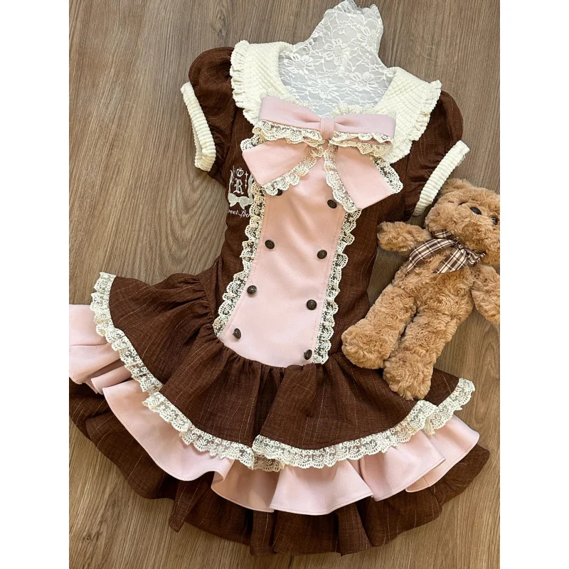 Sweet Japan Fashion Popylar Patchwork Lace Design Girl Tops Tiered Temperament Skirts Y2k Aesthetic Constrast Color 2 Piece Sets