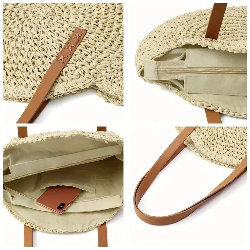 Hollow Woven Straw Bag Round Vacation Shoulder Bag Large Capacity Simple Round Woven Beach Bag Casual Shoulder Bag Travel