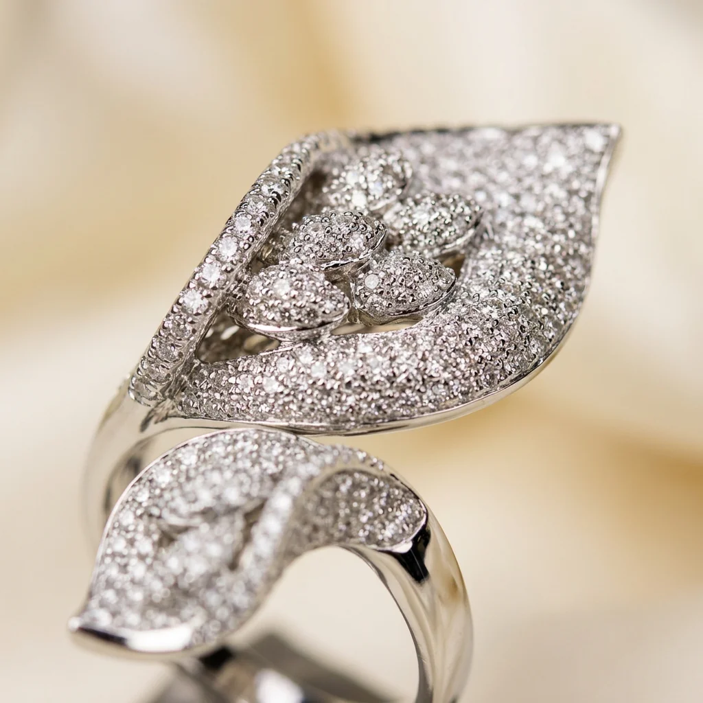 YLMyself Leaf Ring CZ Pave Bypass Floral Split Shank Silver Color Cocktail Party Statement Jewelry Women