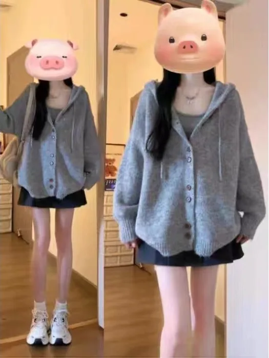 

Ay вязаный свитер с капюшоном, женский осенне-зимний новый вязаный кардиган высокого класса, верхняя одежда, мягкий свободный крой, длинный све