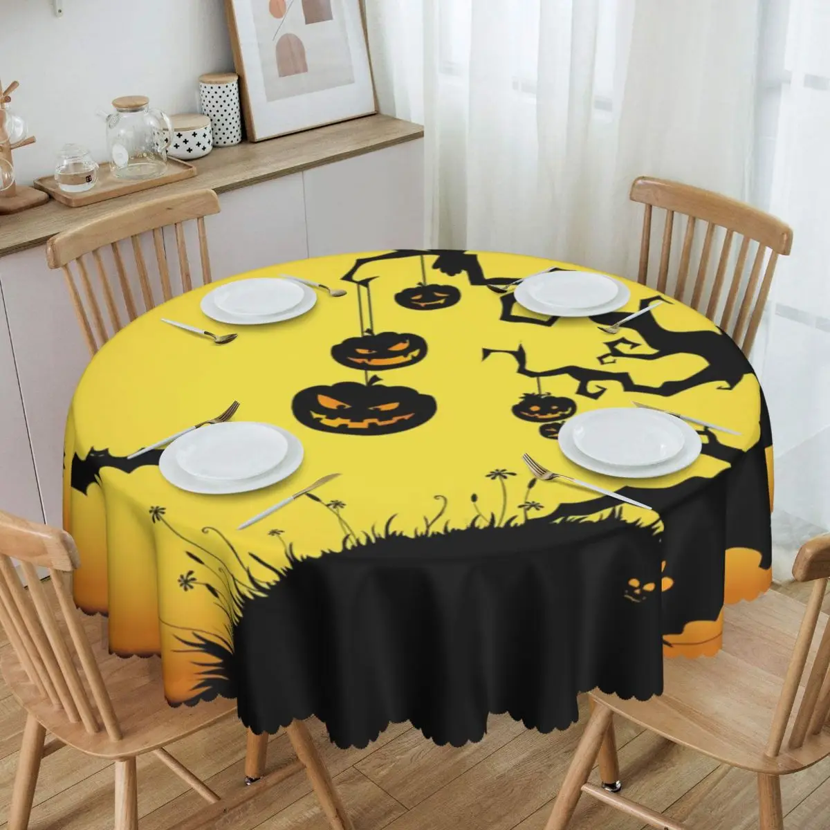 Custom Round Halloween Haunted Tree Pumpkin Tablecloth 60 inches Kitchen Table Cloth Spillproof Moon Dark Night Table Cover