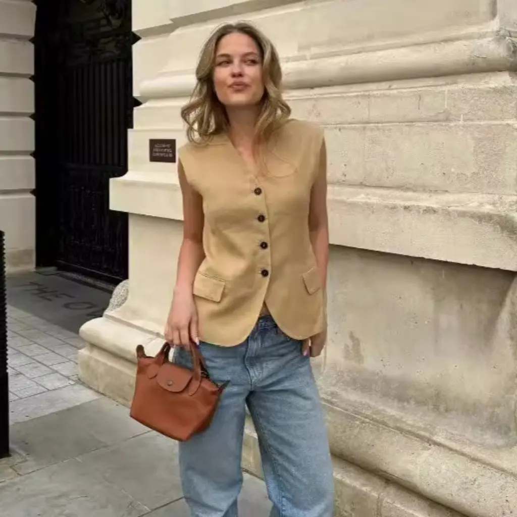 

Women's V-Neck Single-Breasted Mid-Length Vest Jacket Casual European American Fashion Spring Autumn New Clothing