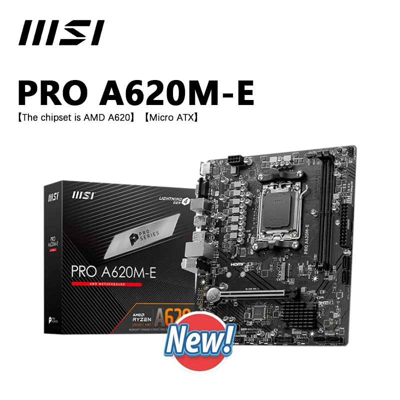 Nouveau MSI PRO A620M-E Micro-ATX AMD A620 DDR5 6400 + (OC) MHz M.2 PCIe 4.0x16 96G prend en charge AMD Ryzen ? 7000 8000 9000 série AM5 Nouveau MSI PRO A620M-E Micro-ATX AMD A620 DDR5 6400 + (OC) MHz M.2 PCIe 4.0x16 96G prend en charge AMD Ryzen ? 7000 8000 9000 série AM5
