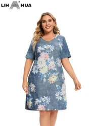 LIH HUA Vestido de mezclilla de talla grande para mujer, vestido de moda de manga corta tejido de algodón estampado informal de verano