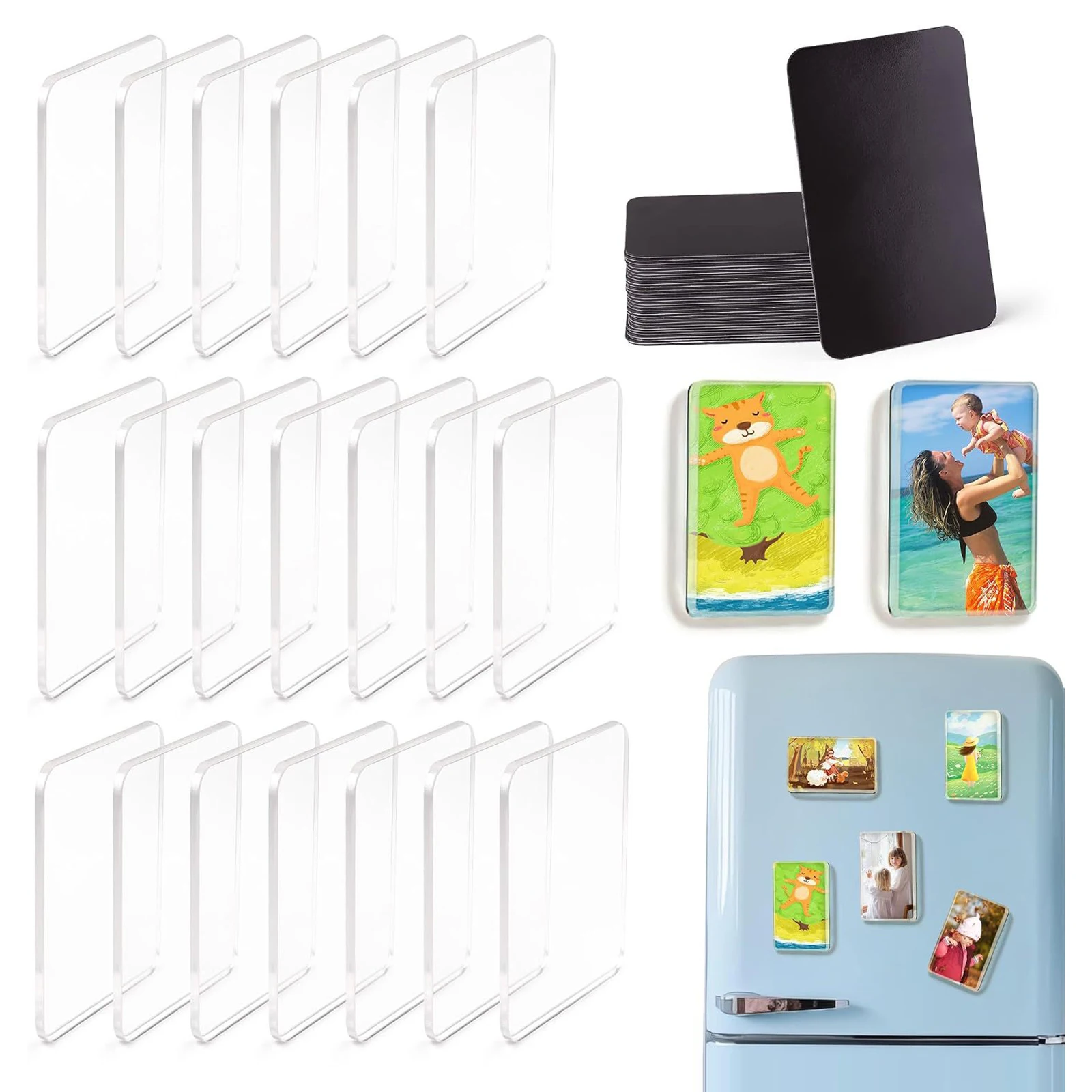 Rectangle Clear Acrylic Fridge Magnet DIY Kit 20 Pack Self-Adhesive Transparent Photo Craft Magnetic Set