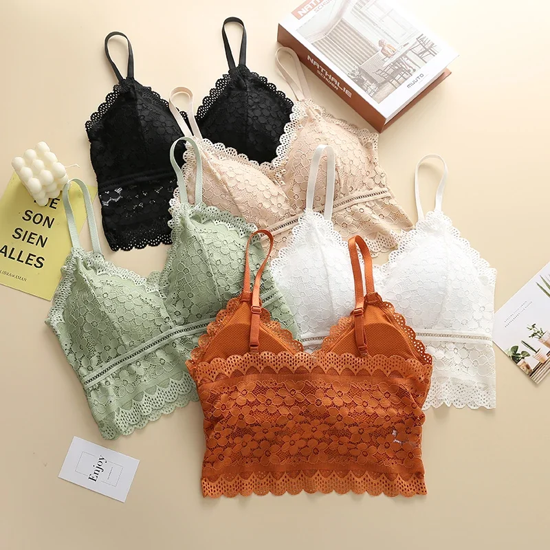 Women Wireless Lace Beauty Back Camisole Bra French Hollow Wrap Chest Gathered Bottoming Underwear Girls
