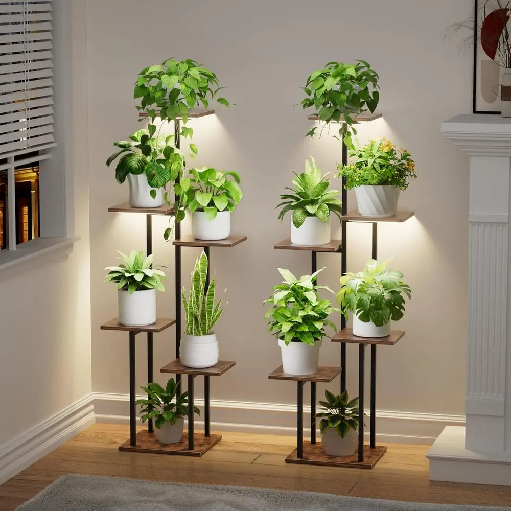 

2 Pack Metal 6-Tier Indoor Plant Stands with Grow Lights, Ideal for Multiple Plants, Living Room, Patio, or Balcony Decor