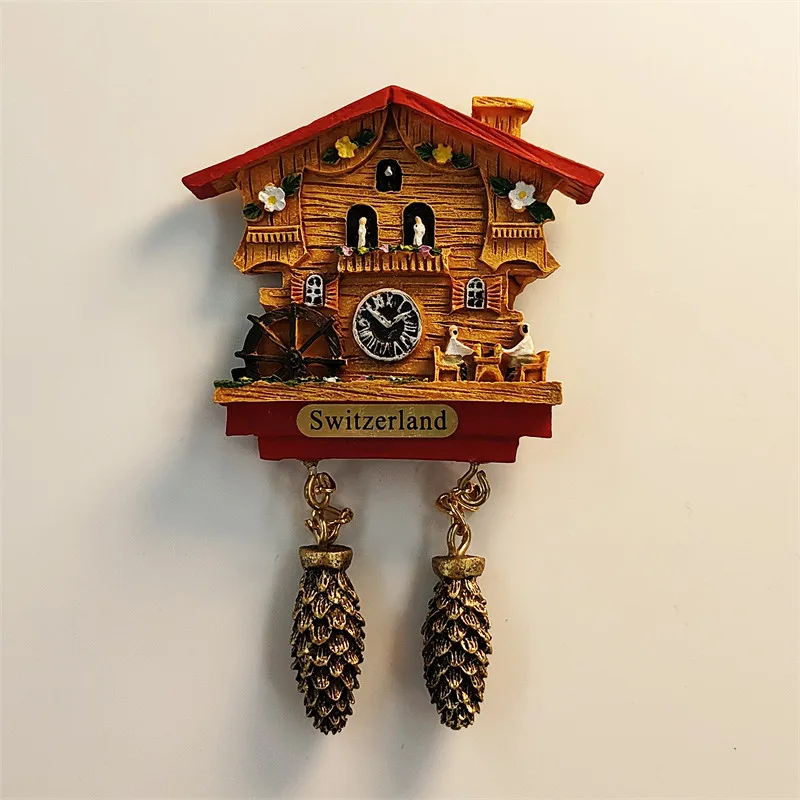 Swiss wooden house 3D painted cuckoo clock travel souvenir home decoration resin magnetic refrigerator magnet resin material