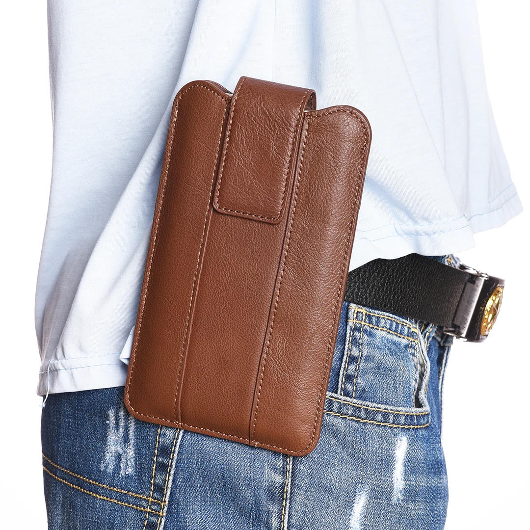 Cow Genuine Leather Phone Belt Clip Case Men Hand Waist Bag For iPhone 15 14 Pro Max Xiaomi Redmi Note 13 12 11 10 Holster Pouch