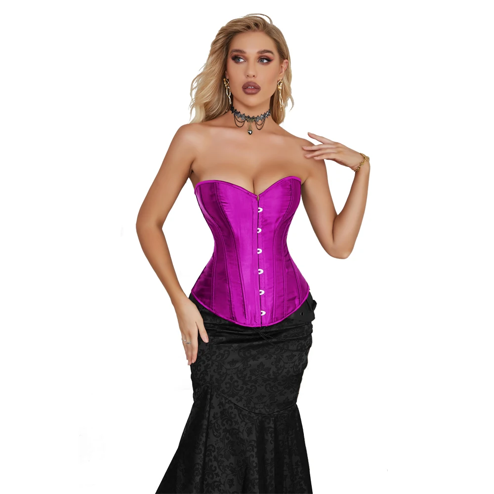 Satin Overbust Corset Plastic Bones Corselet Korset Waist Bustier Top Basques