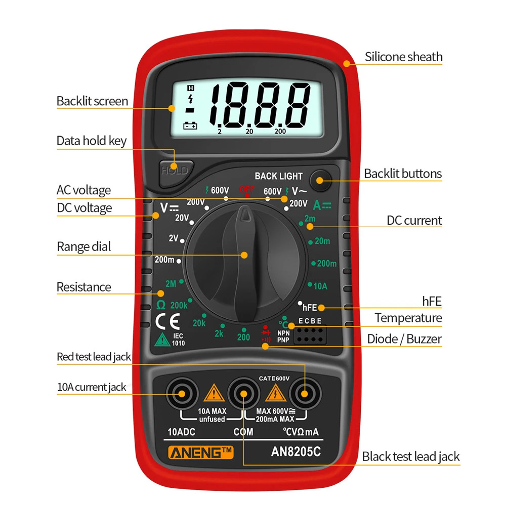 ANENG AN8205C Portable Digital Multimeter AC/DC Ammeter Volt Ohm Tester Meter DC 600V Multimetro With Thermocouple LCD Backlight