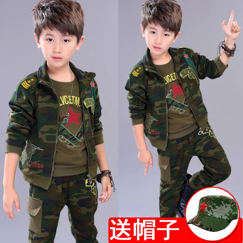 Children's Camouflage Suit 3 Pcs Kids Spring Fall Sports Military Uniform Set Boys Spliced Jakcet + Tops + Pants Clothes Twinset