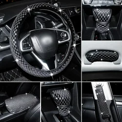 Black PU Leather Car Steering Wheel Cover Set Diamond Gear Cover Armrest Pad 2Pcs Shoulder Pad Car Accessories for Women